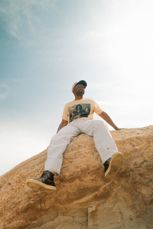 PAM SWOON TEE; VINTAGE "EYE C" PATCHED 501'S