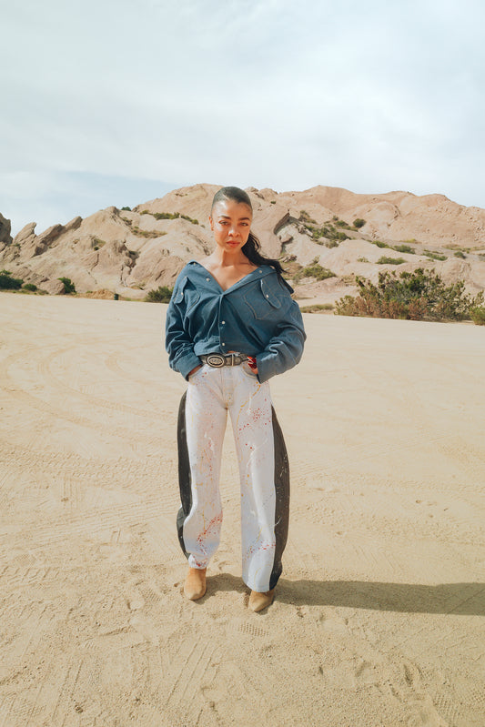 VINTAGE DENIM LONG SLEEVE SHIRT; VINTAGE PAINT DAB PANELED 501'S