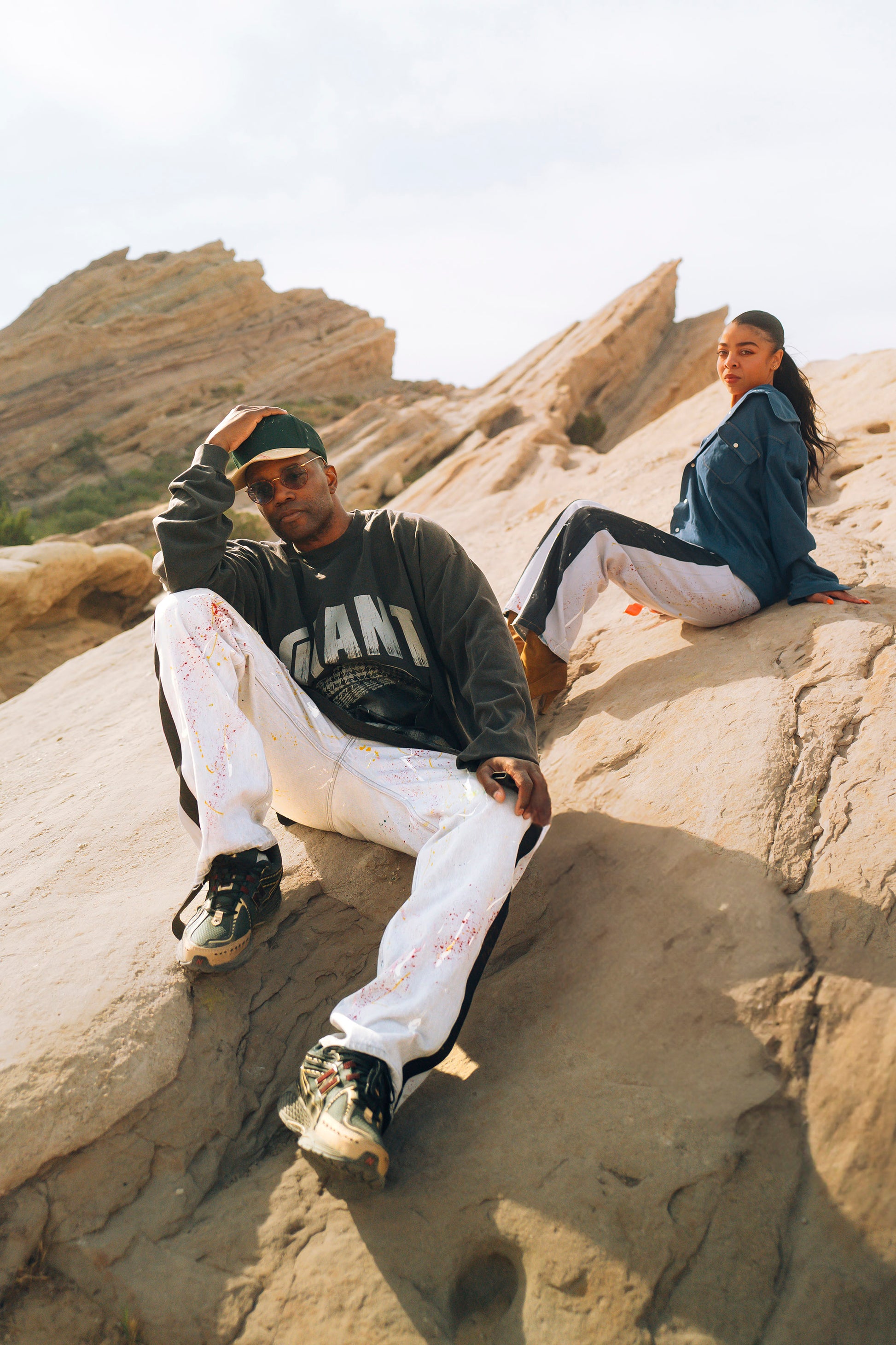 PAINT DAB BASEBALL CAP; VINTAGE DENIM LONG SLEEVE SHIRT; VINTAGE PAINT DAB PANEL 501'S