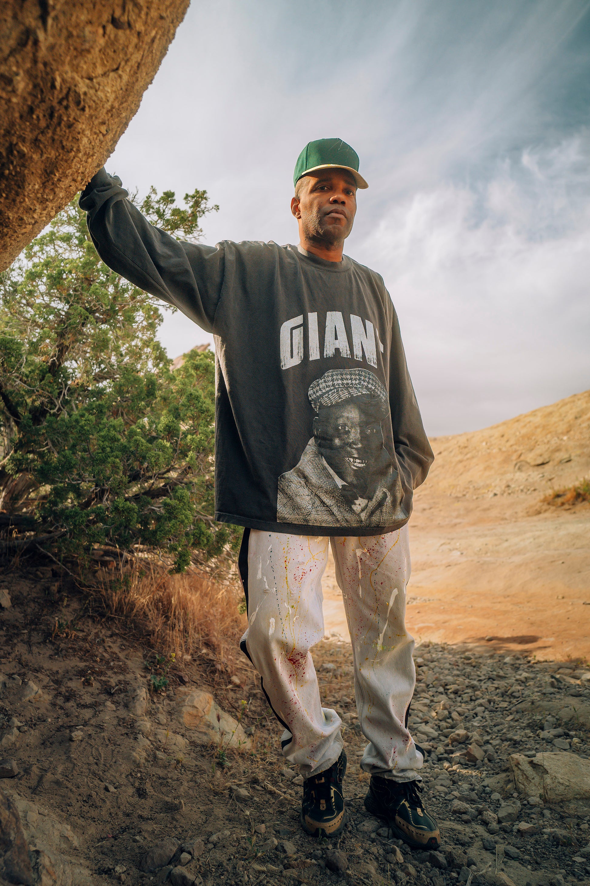 JACK JOHNSON "GIANT'  LONG SLEEVE TEE;  PAINT DABS VINTAGE PANELED 501'S; PAINT DABS BASEBALL CAP