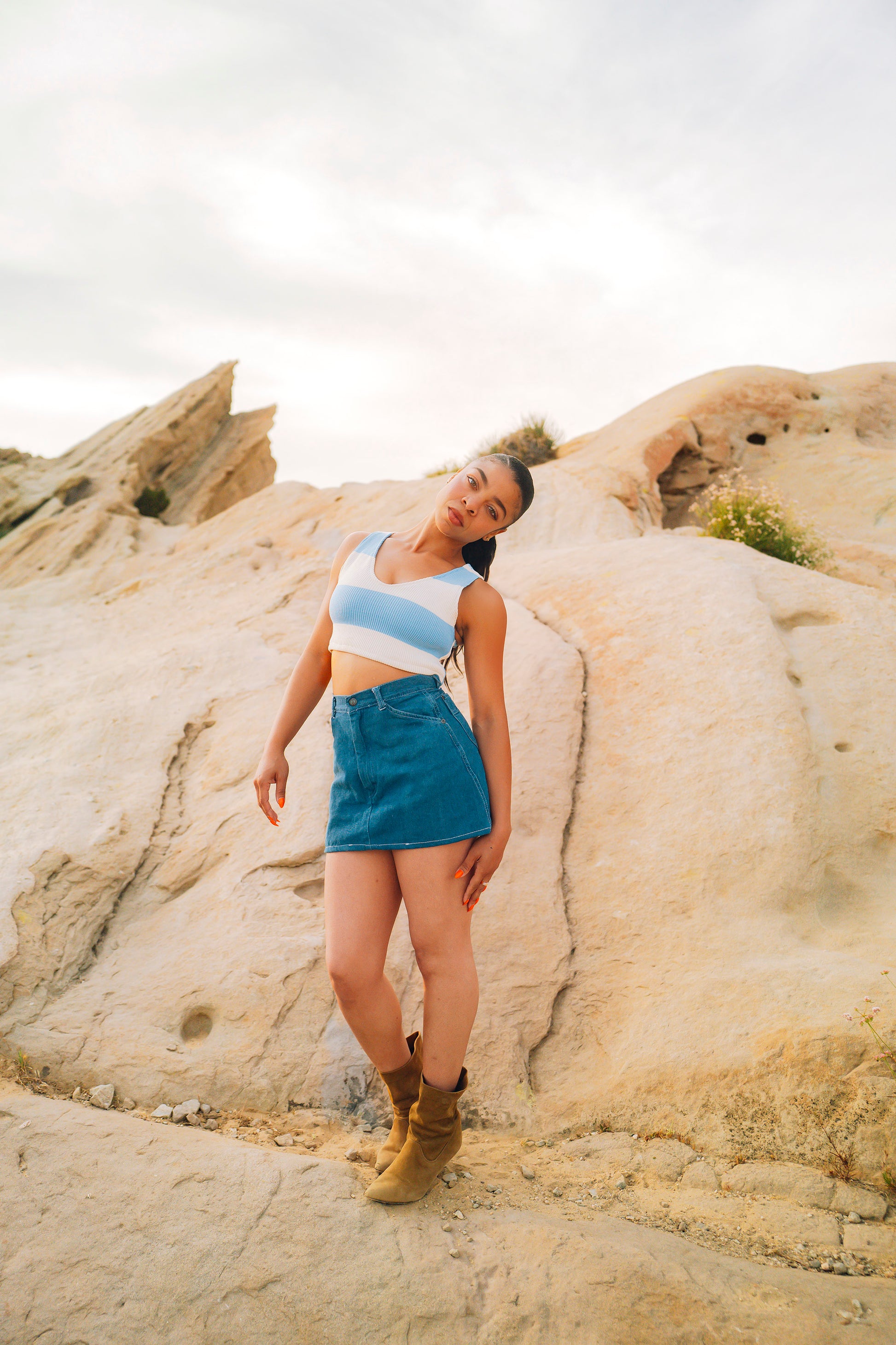 CAROLINA RIB KNIT CROP TANK; PARIS VINTAGE DENIM MINI