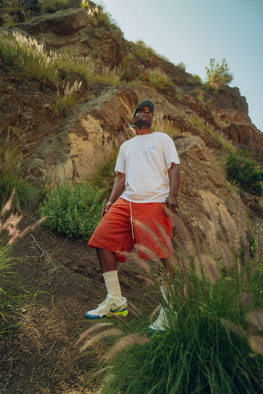 "YUCK" TEE; PAINT DAB CAP; WAX RED CLAY DRAW STRING SHORT